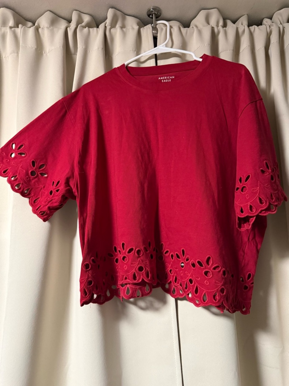 American Eagle Outfitters Crimson Eyelet-Hem Short Sleeve Tee